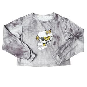 Rue 21 Romwe Gray White Tie Dye Skull Butterflies Halloween Crop Top Sm Size 4